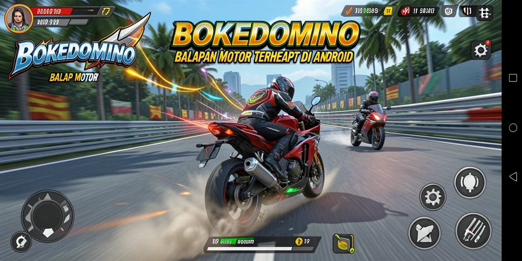 Tampilan utama BOKEDOMINO dengan motor balap yang siap untuk aksi.