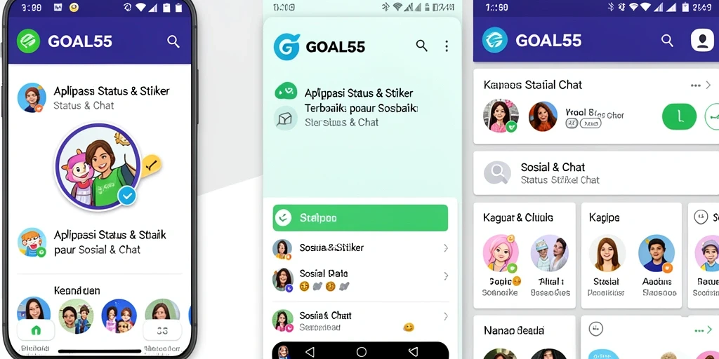 Screenshot tampilan antarmuka GOAL55 dengan pilihan stiker yang beragam.